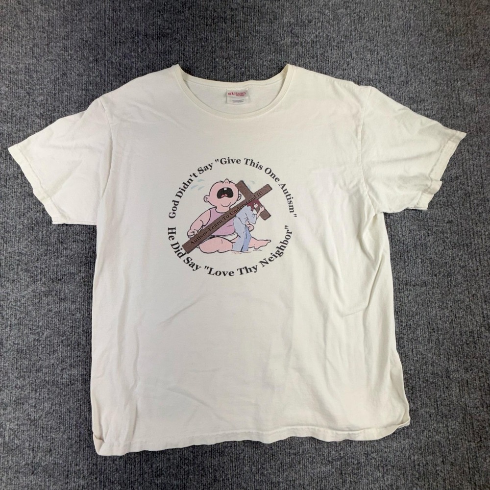 Hanes Her Way Womens L White Christian Autism Awareness Graphic Crew Neck Tee